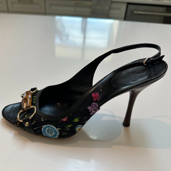 Pre-Owned Gucci Flora Bamboo Open Toes Pumps - Picture 3 of 6